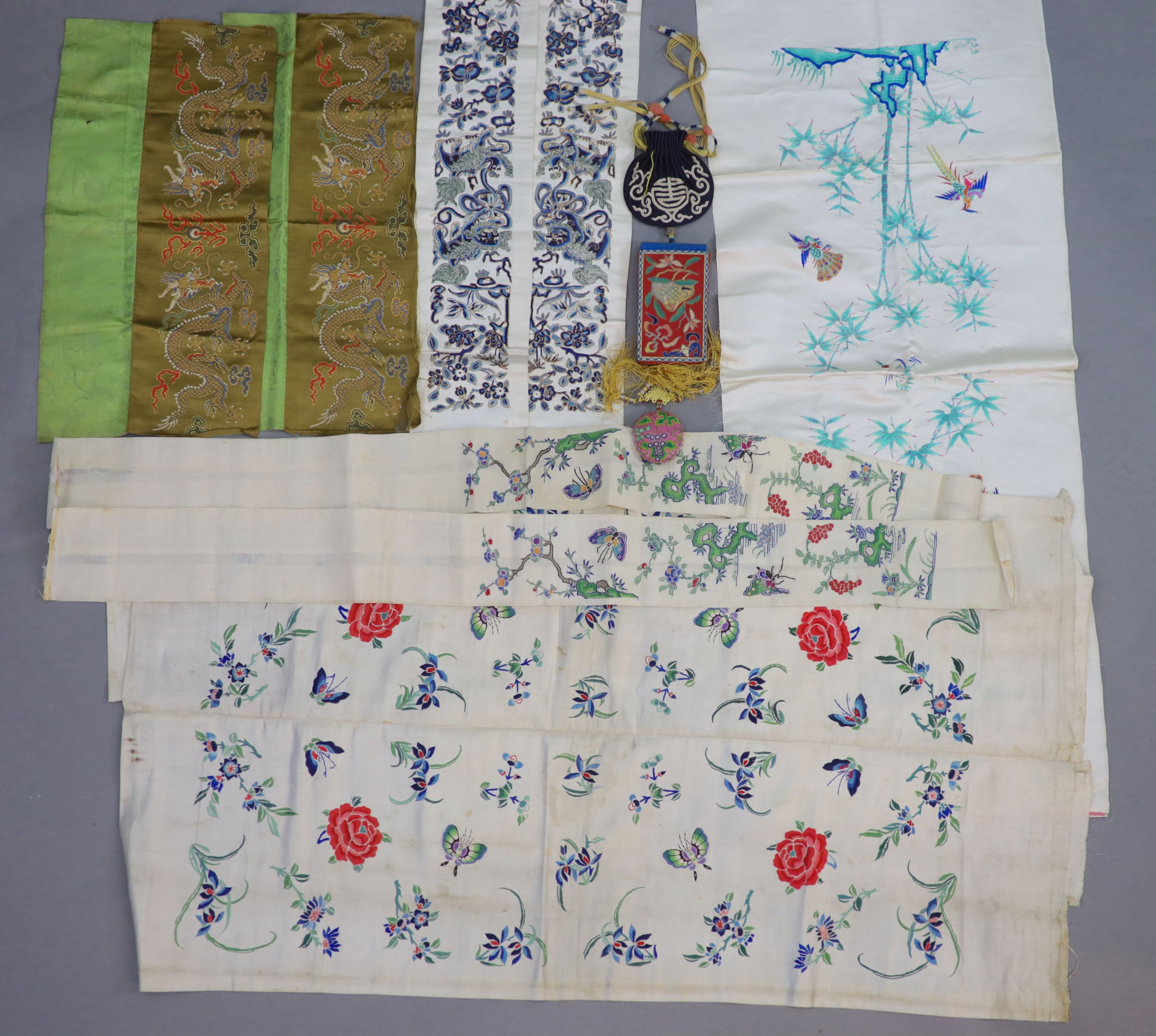 A group of Chinese embroidered silk items, late 19th/early 20th century